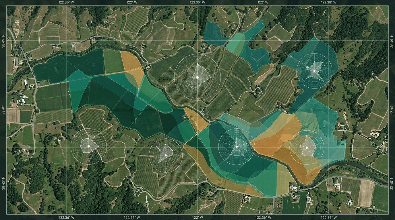 Polígonos de predios agrícolas analizados sobre imagen satelital